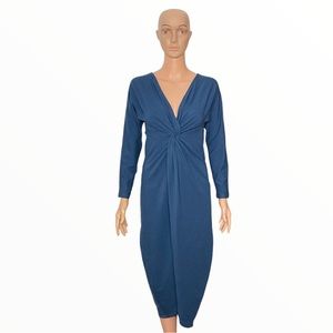 NWT WVN Teal Blue Organic Cotton Blend Plunge Neckline Long Sleeve Knotted Dress